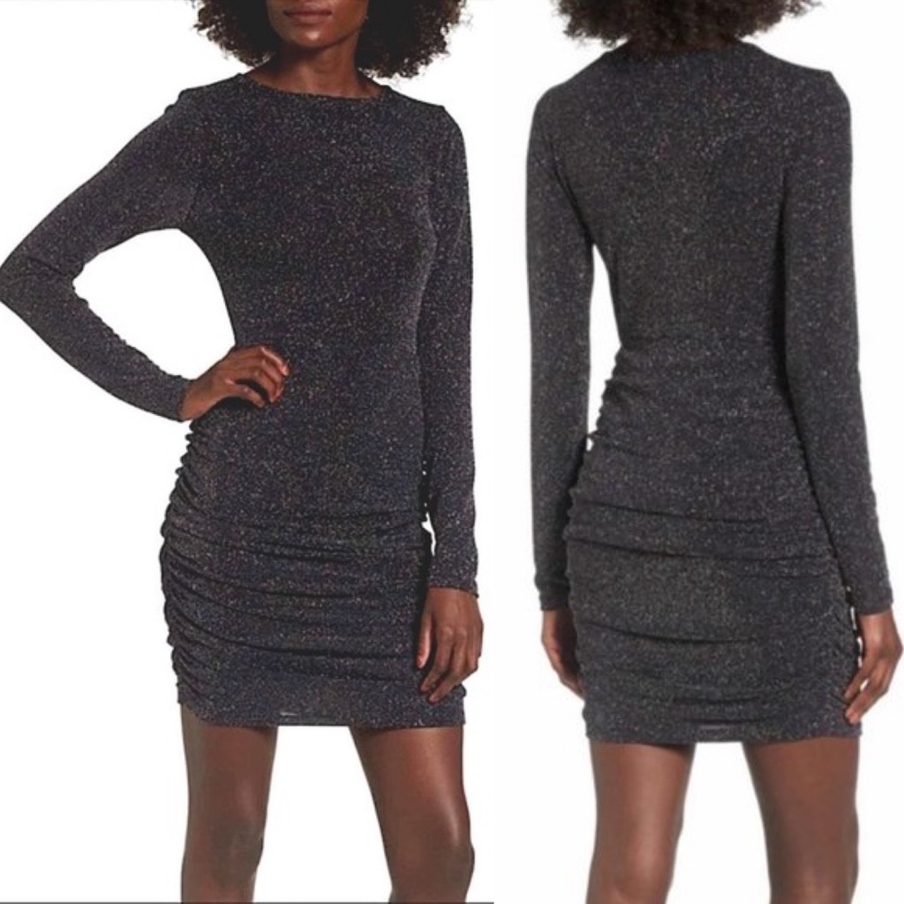 Leith Metallic Long Sleeve Ruched Cocktail Dress Black Sz S